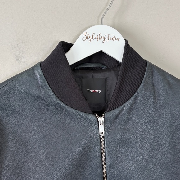 Theory Brant Lamb Pebble Leather Jacket Navy Blue Bomber Mens Sz S - Picture 3 of 13